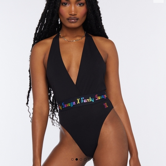 Savage x Fenty Missy Forever Rainbow Logo Halter Bodysuit Black Size Medium - Picture 1 of 7